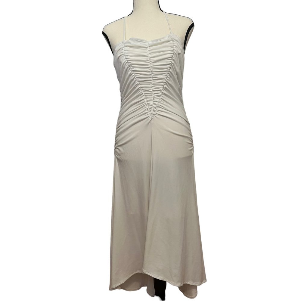 Moda Internation Hi/Lo Halter Dress w/Ruched Bodice, White, Size: 12